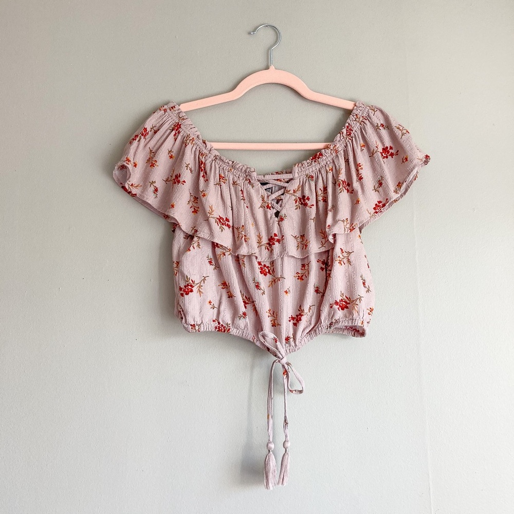 American Eagle Floral Ruffle Tie Crop Top